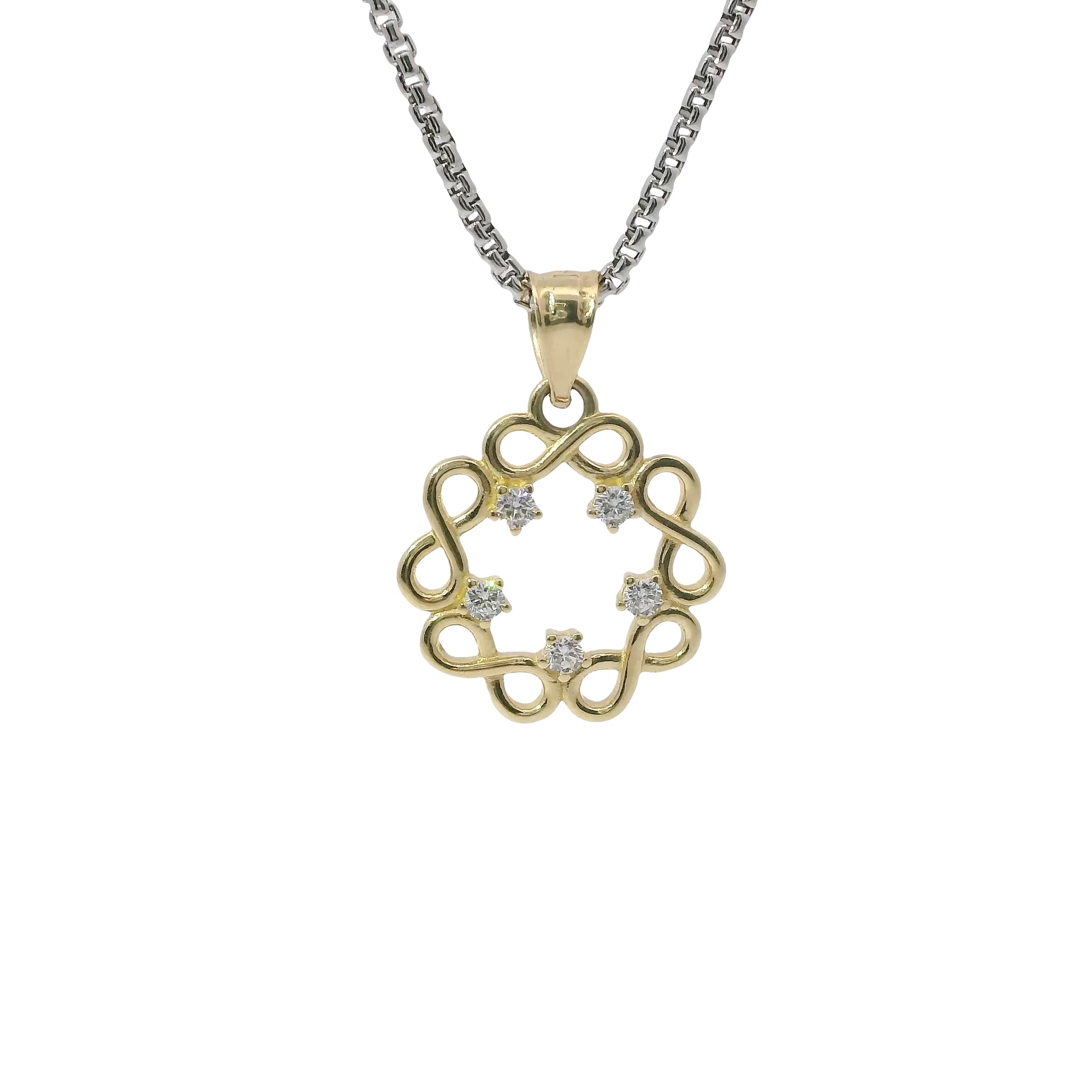 14KT Gold Charm Large Plain Infinity Wreath with Five White CZ Stones Center and Plain Bell