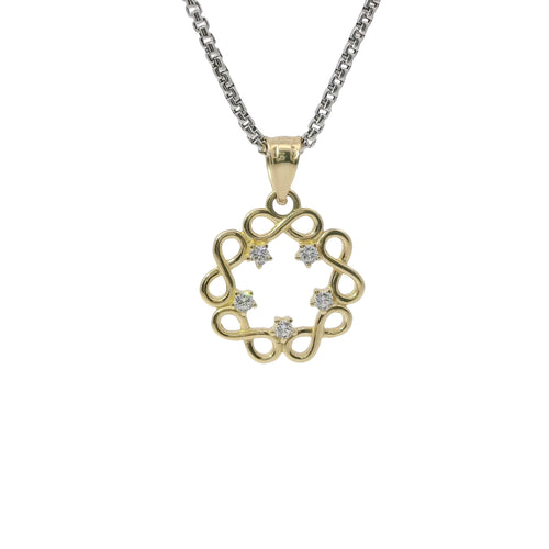 14KT Gold Charm Large Plain Infinity Wreath with Five White CZ Stones Center and Plain Bell