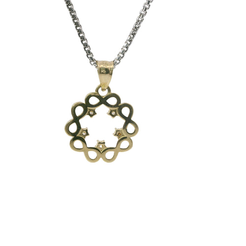 14KT Gold Charm Small Plain Infinity Wreath with Five White CZ Stones Center and Plain Bell