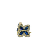 14KT Gold Earrings Small 3D Navy Blue Marquise CZ Stones Four Leaf Clover with White CZ Stones Border, Plain Edge, and Push Back Post with Butterfly Backs