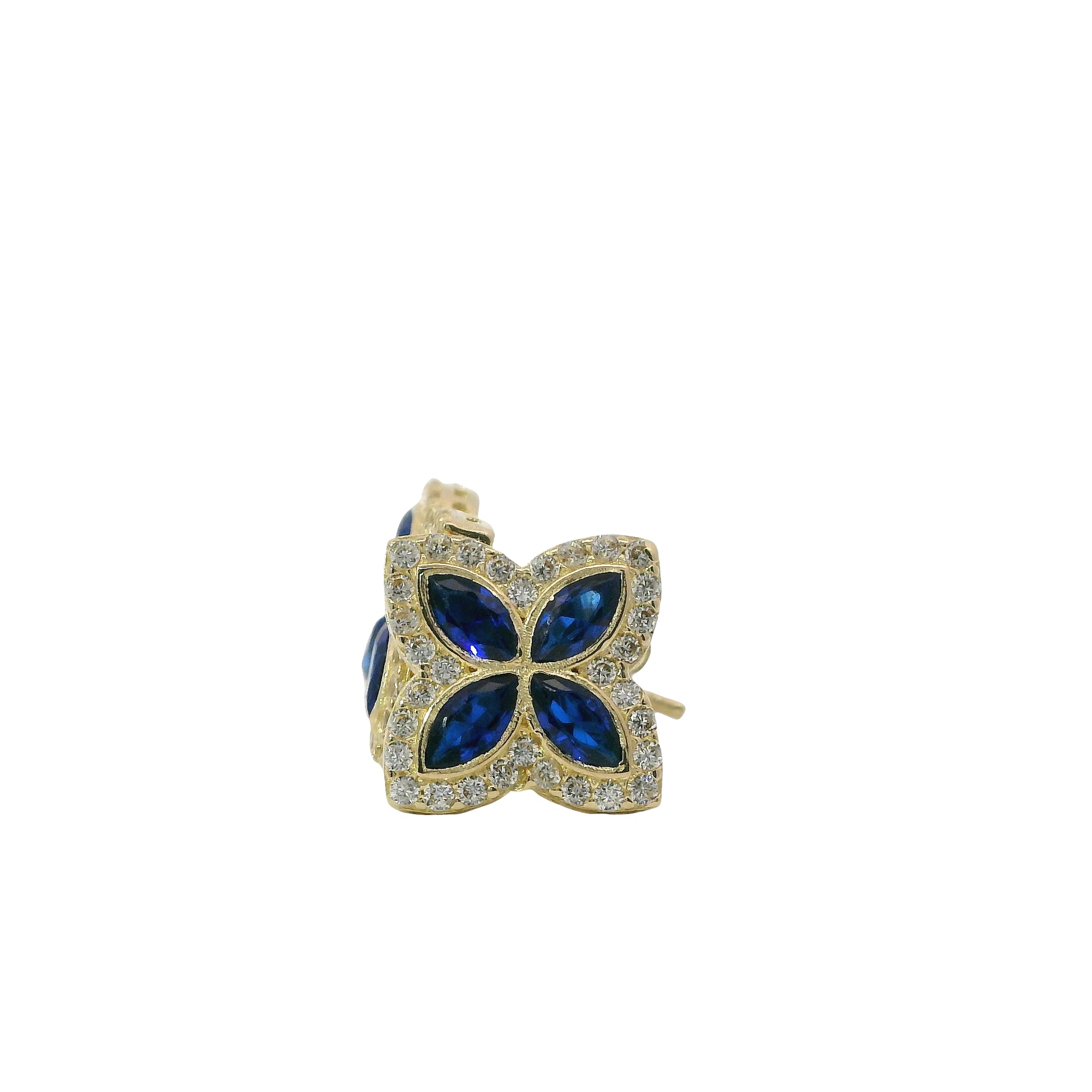 14KT Gold Earrings Small 3D Navy Blue Marquise CZ Stones Four Leaf Clover with White CZ Stones Border, Plain Edge, and Push Back Post with Butterfly Backs