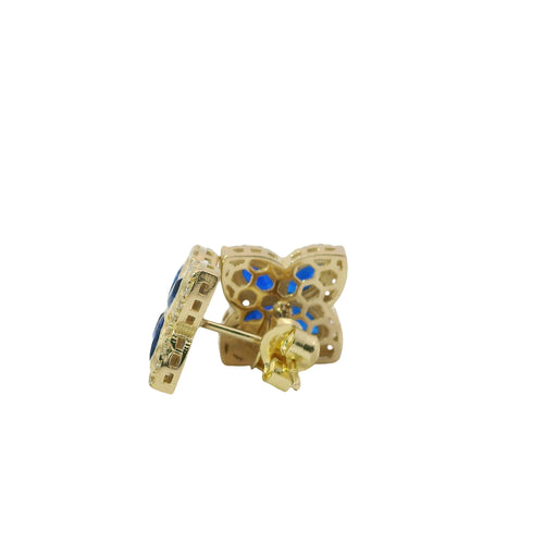 14KT Gold Earrings Small 3D Navy Blue Marquise CZ Stones Four Leaf Clover with White CZ Stones Border, Plain Edge, and Push Back Post with Butterfly Backs