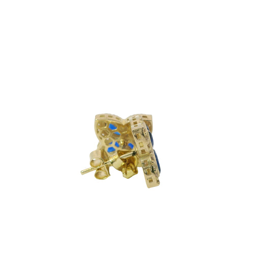 14KT Gold Earrings Small 3D Navy Blue Marquise CZ Stones Four Leaf Clover with White CZ Stones Border, Plain Edge, and Push Back Post with Butterfly Backs