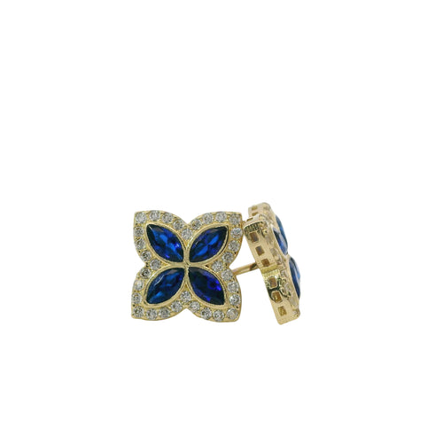14KT Gold Earrings Small 3D Navy Blue Marquise CZ Stones Four Leaf Clover with White CZ Stones Border, Plain Edge, and Push Back Post with Butterfly Backs