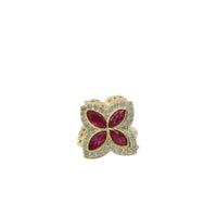 14KT Gold Earrings Small 3D Dark Pink Marquise CZ Stones Four Leaf Clover with White CZ Stones Border, Plain Edge, and Push Back Post with Butterfly Backs