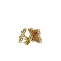 14KT Gold Earrings Small 3D Dark Pink Marquise CZ Stones Four Leaf Clover with White CZ Stones Border, Plain Edge, and Push Back Post with Butterfly Backs