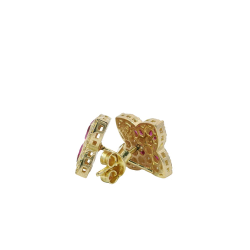 14KT Gold Earrings Small 3D Dark Pink Marquise CZ Stones Four Leaf Clover with White CZ Stones Border, Plain Edge, and Push Back Post with Butterfly Backs