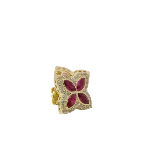 14KT Gold Earrings Small 3D Dark Pink Marquise CZ Stones Four Leaf Clover with White CZ Stones Border, Plain Edge, and Push Back Post with Butterfly Backs