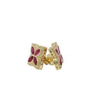 14KT Gold Earrings Small 3D Dark Pink Marquise CZ Stones Four Leaf Clover with White CZ Stones Border, Plain Edge, and Push Back Post with Butterfly Backs