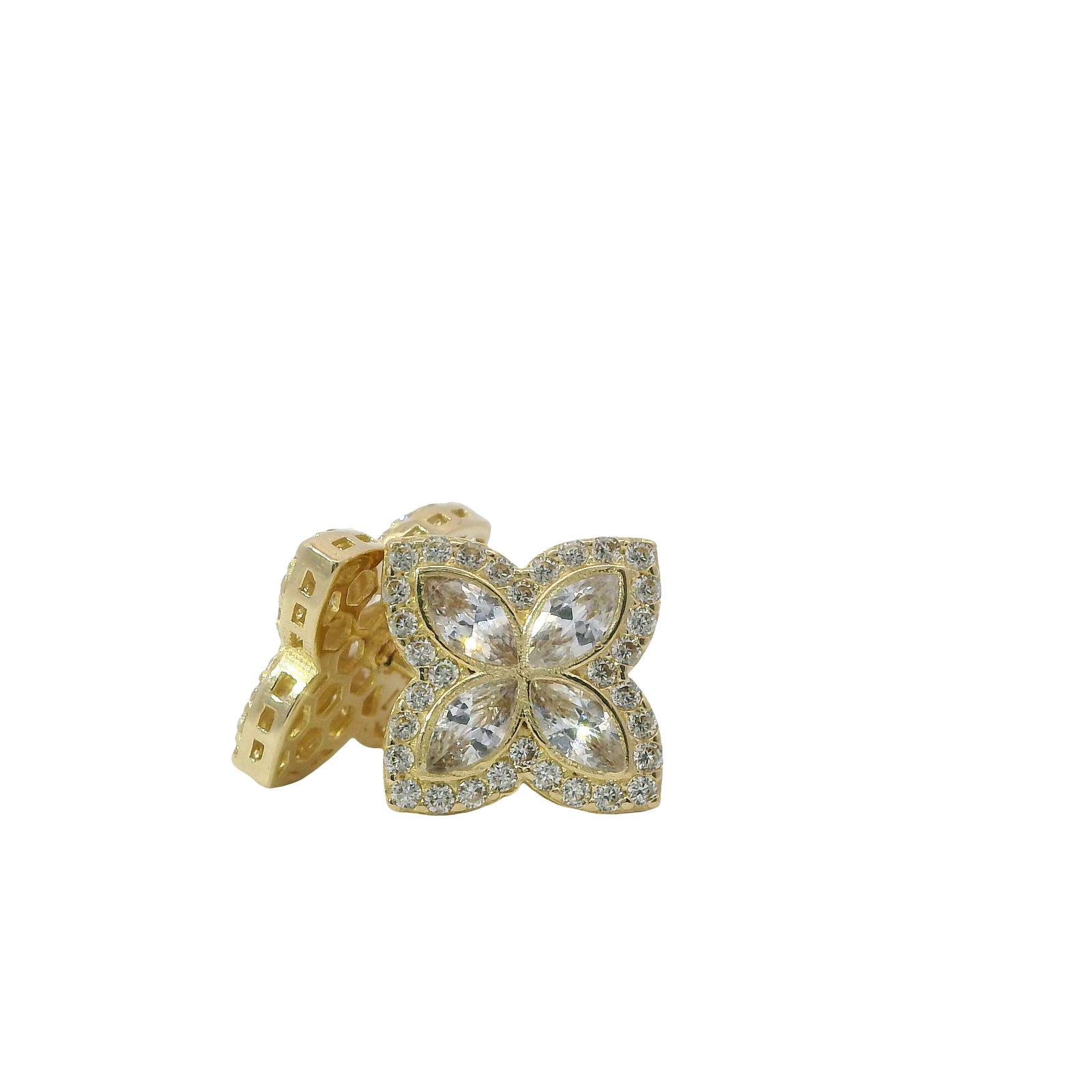 14KT Gold Earrings Small 3D White Marquise CZ Stones Four Leaf Clover with White CZ Stones Border, Plain Edge, and Push Back Post with Butterfly Backs