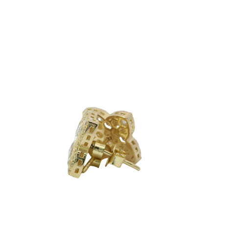 14KT Gold Earrings Small 3D White Marquise CZ Stones Four Leaf Clover with White CZ Stones Border, Plain Edge, and Push Back Post with Butterfly Backs