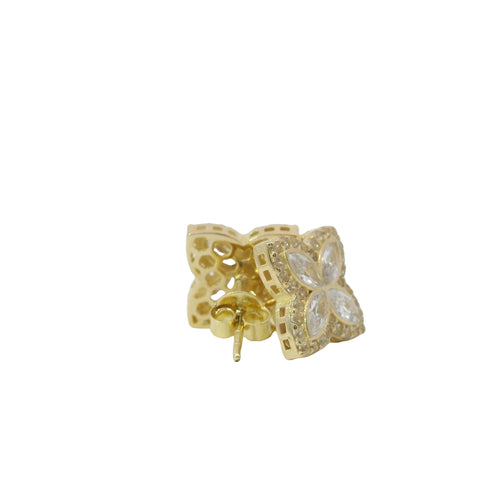 14KT Gold Earrings Small 3D White Marquise CZ Stones Four Leaf Clover with White CZ Stones Border, Plain Edge, and Push Back Post with Butterfly Backs