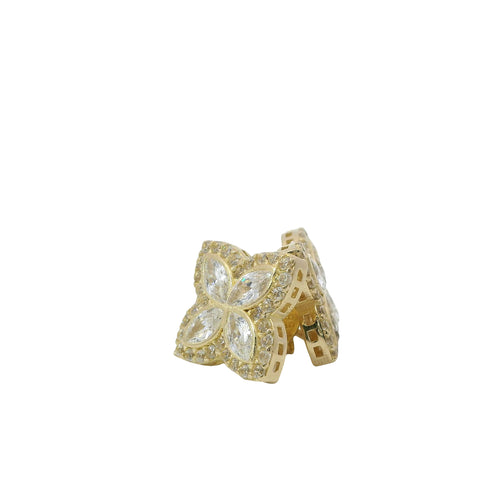 14KT Gold Earrings Small 3D White Marquise CZ Stones Four Leaf Clover with White CZ Stones Border, Plain Edge, and Push Back Post with Butterfly Backs