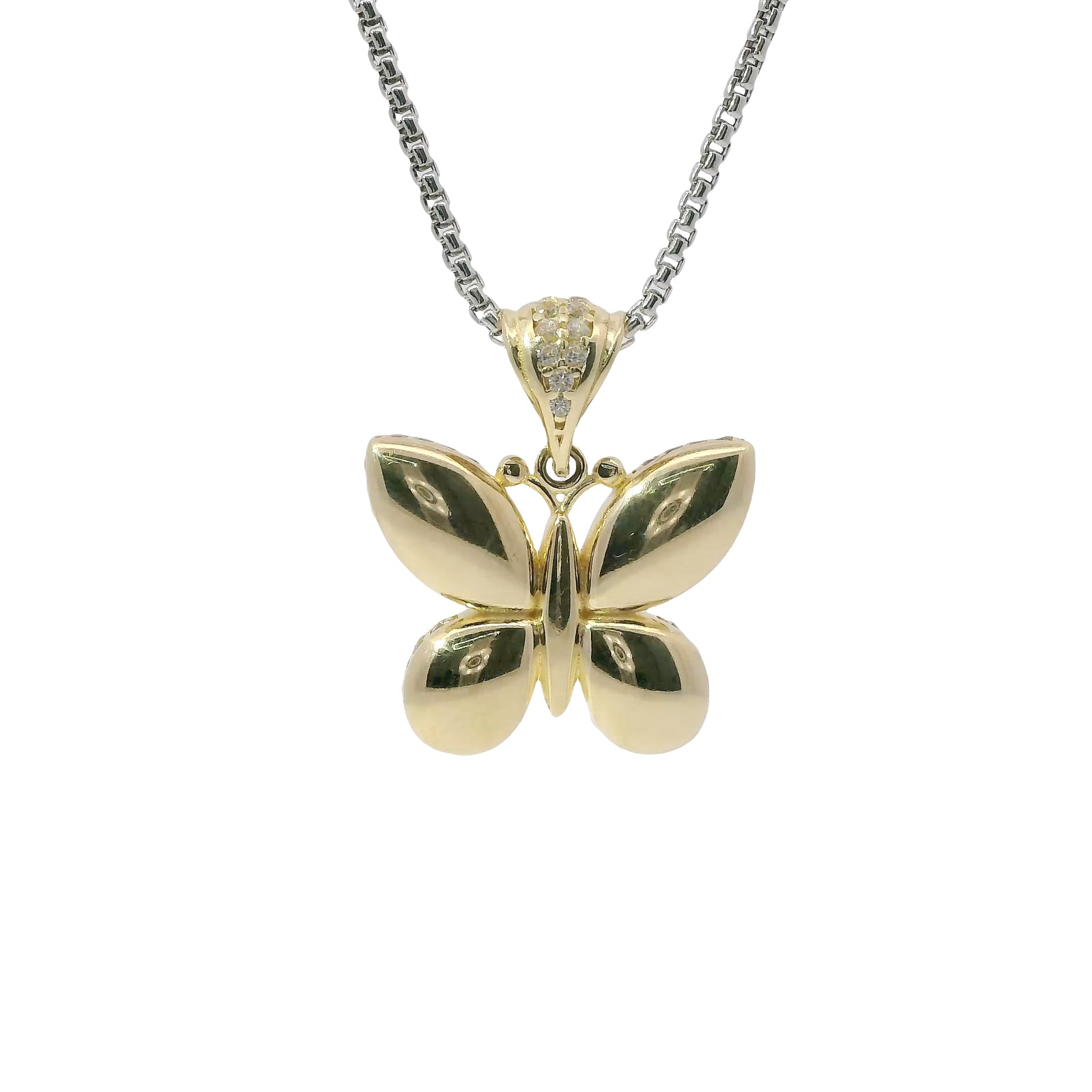 14KT Gold Charm Small 3D Puff Butterfly with Flat Back White CZ Stones Edge and Bell