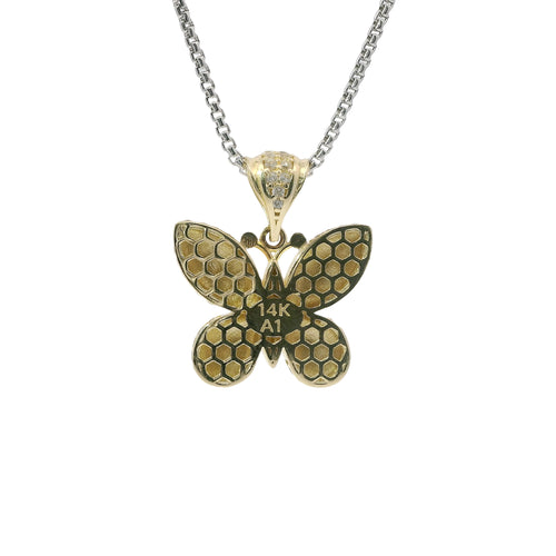 14KT Gold Charm Small 3D Puff Butterfly with Flat Back White CZ Stones Edge and Bell