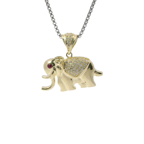 14KT Gold Charm Small 3D Puff Elephant with Flat Back, Red CZ Stone Eye, White CZ Stones Blanket and Bell