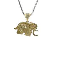 14KT Gold Charm Small 3D Puff Elephant with Flat Back, Red CZ Stone Eye, White CZ Stones Blanket and Bell