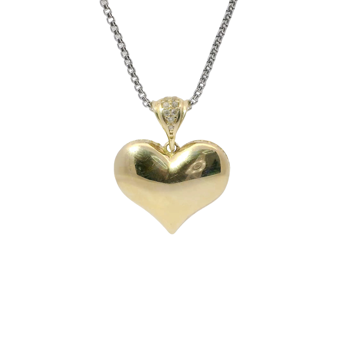 14KT Gold Charm Small Flat Back Puff Heart with White CZ Stones Edge and Bell