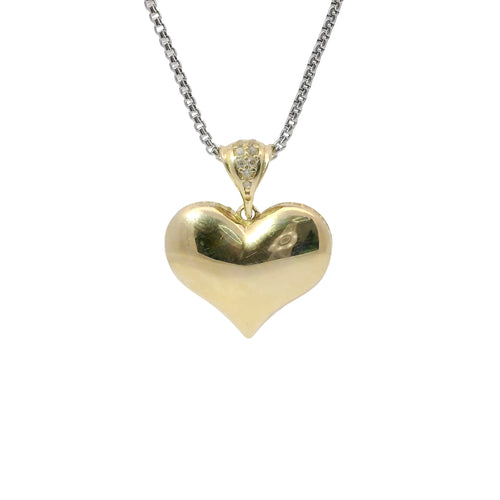 14KT Gold Charm Small Flat Back Puff Heart with White CZ Stones Edge and Bell