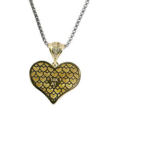 14KT Gold Charm Small Flat Back Puff Heart with White CZ Stones Edge and Bell
