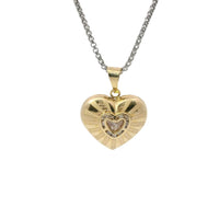14KT Gold Charm Small Flat Back Striped Sunray Puff Heart with White CZ Stones Center and Plain Bell