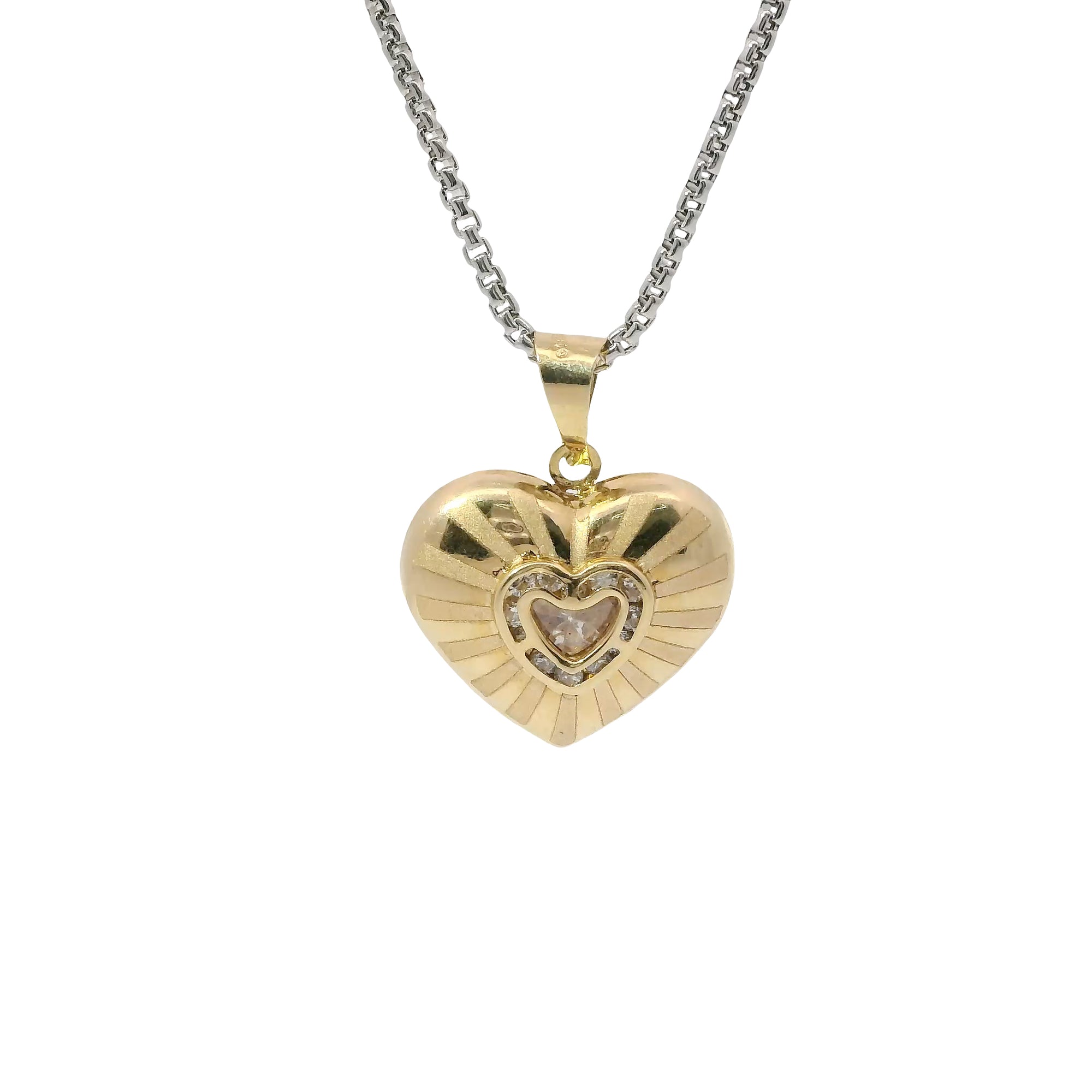 14KT Gold Charm Small Flat Back Striped Sunray Puff Heart with White CZ Stones Center and Plain Bell