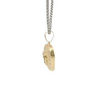 14KT Gold Charm Small Flat Back Striped Sunray Puff Heart with White CZ Stones Center and Plain Bell