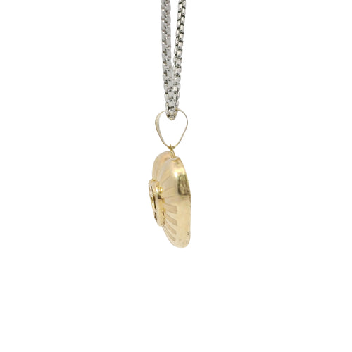 14KT Gold Charm Small Flat Back Striped Sunray Puff Heart with White CZ Stones Center and Plain Bell