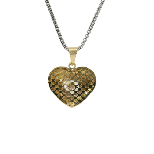14KT Gold Charm Small Flat Back Striped Sunray Puff Heart with White CZ Stones Center and Plain Bell
