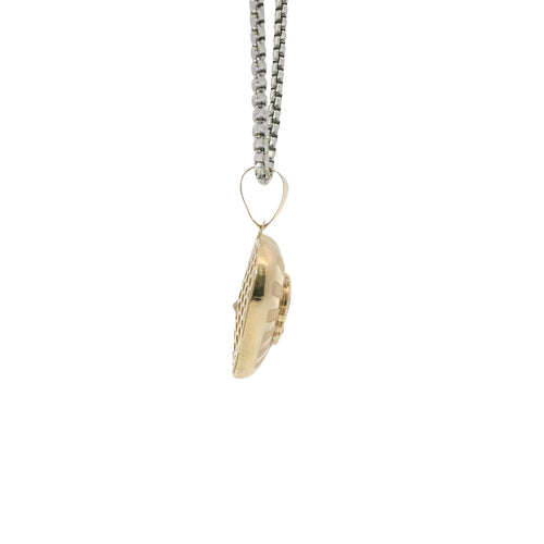 14KT Gold Charm Small Flat Back Striped Sunray Puff Heart with White CZ Stones Center and Plain Bell