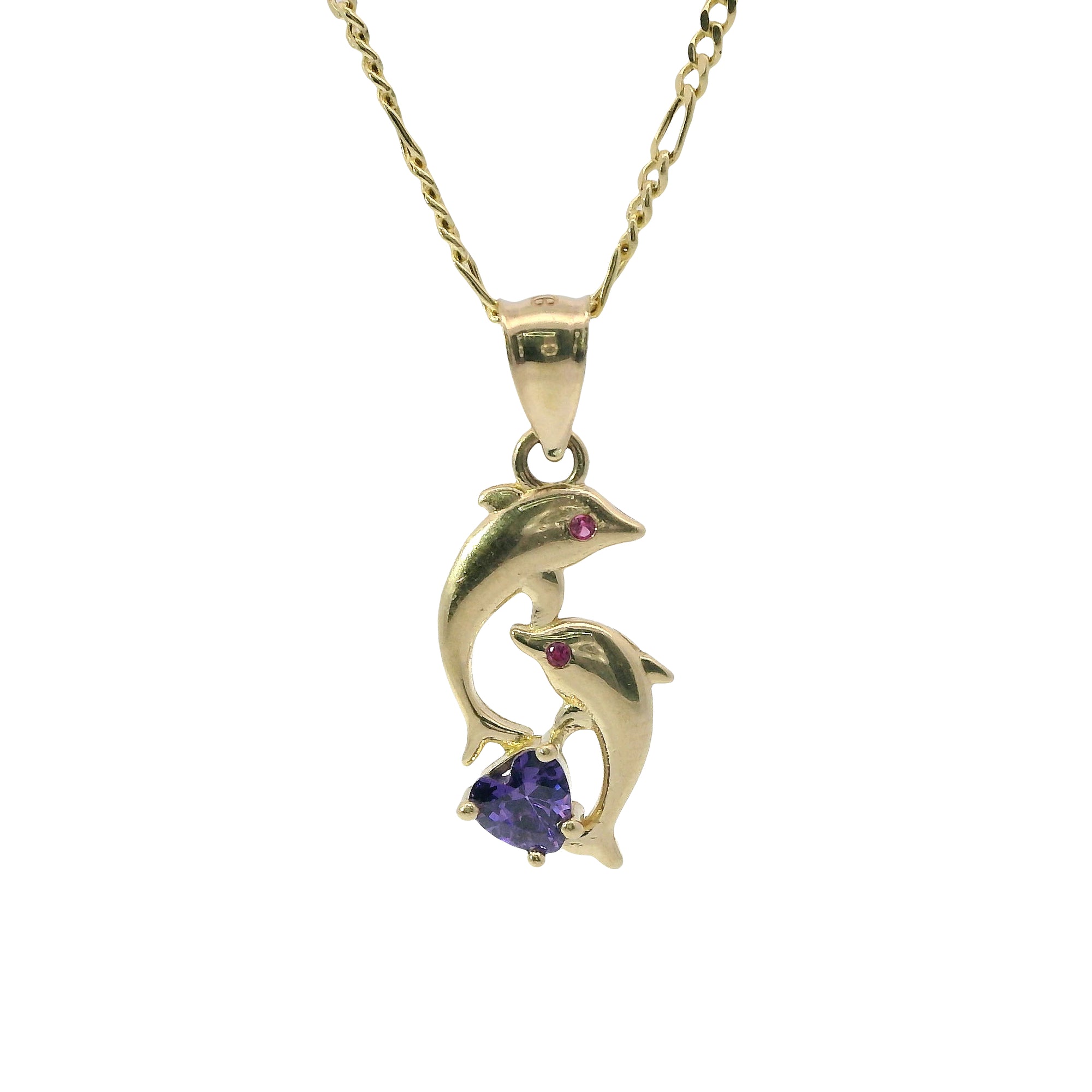 14KT Gold Charm Two Small Dolphins with Plain Bodies, Dark Pink CZ Stones Eyes, Purple CZ Stone Heart Base, and Plain Bell