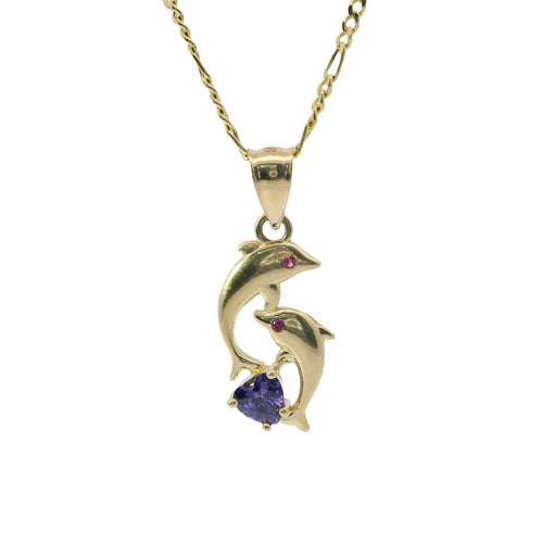 14KT Gold Charm Two Small Dolphins with Plain Bodies, Dark Pink CZ Stones Eyes, Purple CZ Stone Heart Base, and Plain Bell