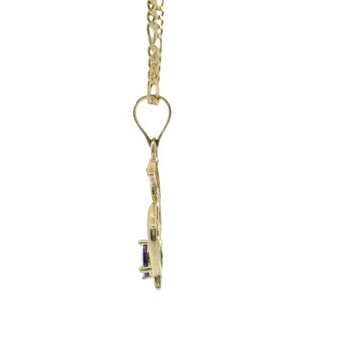 14KT Gold Charm Two Small Dolphins with Plain Bodies, Dark Pink CZ Stones Eyes, Purple CZ Stone Heart Base, and Plain Bell