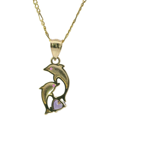 14KT Gold Charm Two Small Dolphins with Plain Bodies, Dark Pink CZ Stones Eyes, Purple CZ Stone Heart Base, and Plain Bell