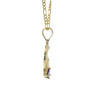 14KT Gold Charm Two Small Dolphins with Plain Bodies, Dark Pink CZ Stones Eyes, Purple CZ Stone Heart Base, and Plain Bell