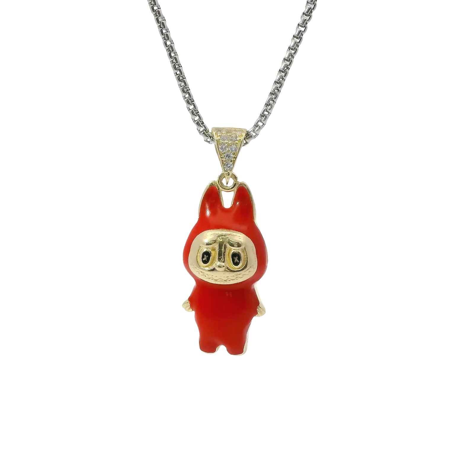 14KT Gold Charm Medium 3D Red Enamel LaBuBu with White CZ Stone Bell
