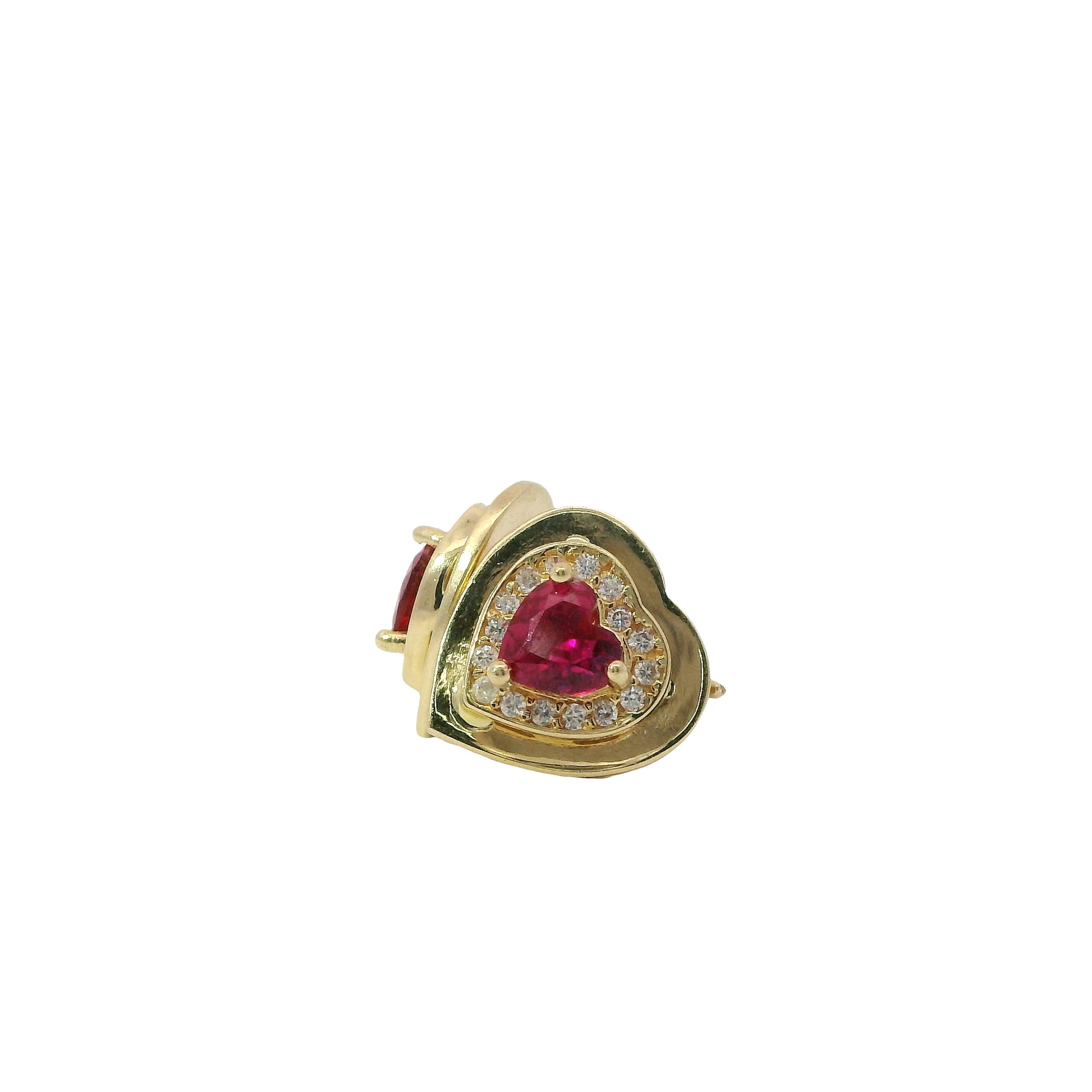 14KT Gold Earring Small Red Heart Center CZ Stone with White CZ Stones Border, Plain Platform Border with Push Back Post and Butterfly Backs