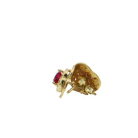 14KT Gold Earring Small Red Heart Center CZ Stone with White CZ Stones Border, Plain Platform Border with Push Back Post and Butterfly Backs