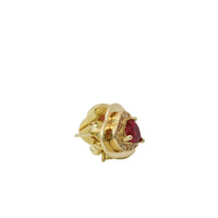 14KT Gold Earring Small Red Heart Center CZ Stone with White CZ Stones Border, Plain Platform Border with Push Back Post and Butterfly Backs