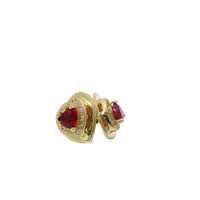 14KT Gold Earring Small Red Heart Center CZ Stone with White CZ Stones Border, Plain Platform Border with Push Back Post and Butterfly Backs