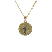 14KT Gold Charm Small Round Two Tone St Benedict Coin with Plain Bell