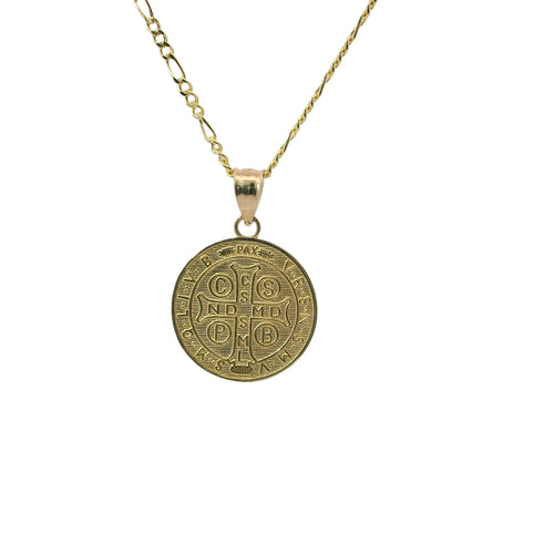 14KT Gold Charm Small Round Two Tone St Benedict Coin with Plain Bell