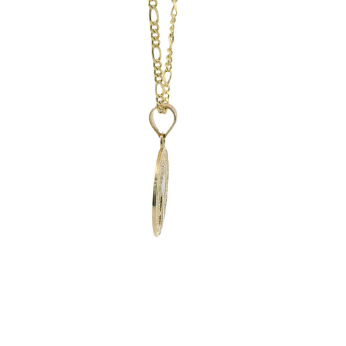 14KT Gold Charm Small Round Two Tone St Benedict Coin with Plain Bell