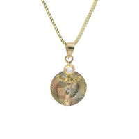 14KT Gold Charm Small Tri Tone Round Graphic Background Crucifix Coin with White CZ Stone Top and Plain Bell