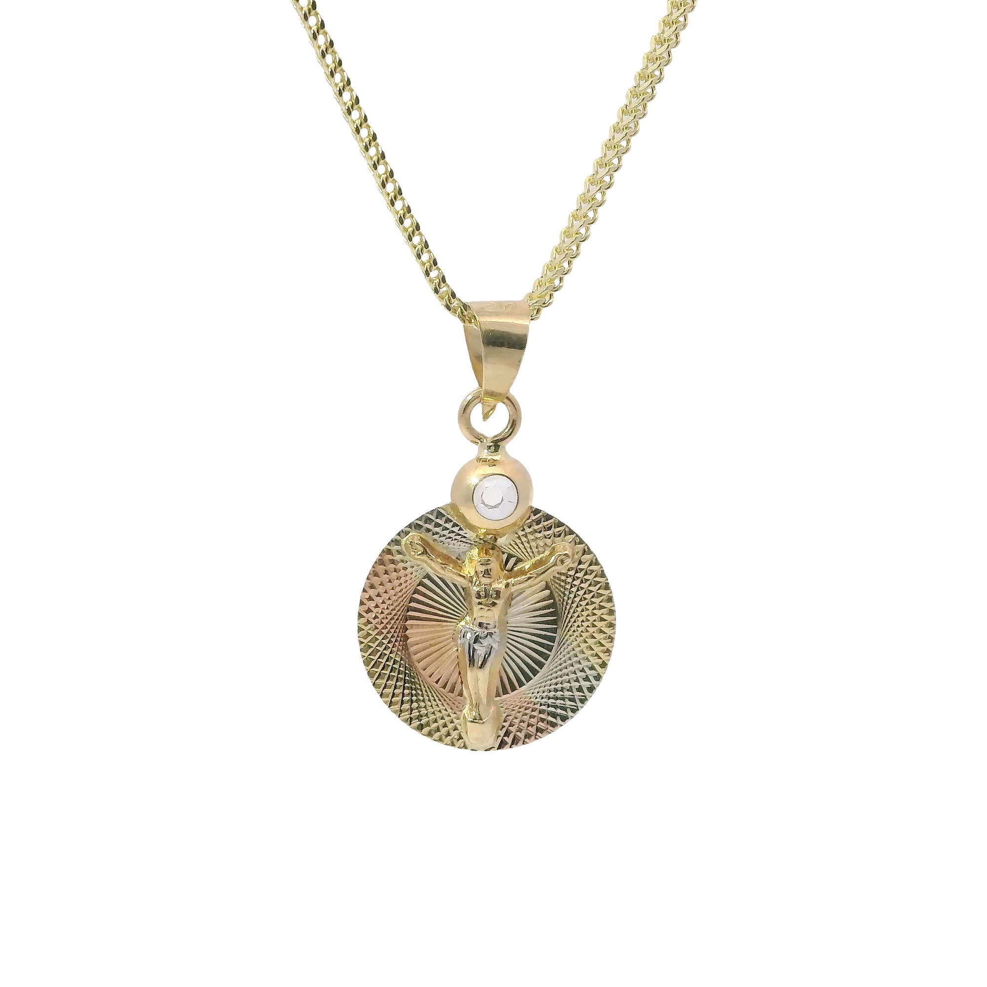 14KT Gold Charm Small Tri Tone Round Graphic Background Crucifix Coin with White CZ Stone Top and Plain Bell