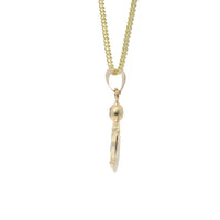 14KT Gold Charm Small Tri Tone Round Graphic Background Crucifix Coin with White CZ Stone Top and Plain Bell