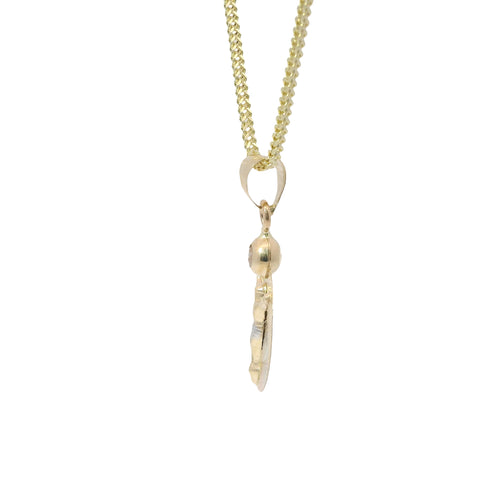 14KT Gold Charm Small Tri Tone Round Graphic Background Crucifix Coin with White CZ Stone Top and Plain Bell