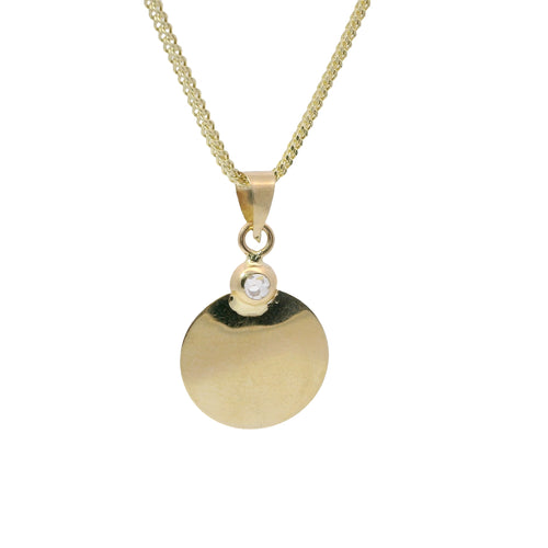 14KT Gold Charm Small Tri Tone Round Graphic Background Crucifix Coin with White CZ Stone Top and Plain Bell