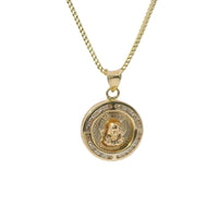 14KT Gold Charm Small 3D Round Double Sided Tri Tone Graphic Line Background Virgin Mary / Jesus Coin with White CZ Stones Edge and Plain Bell