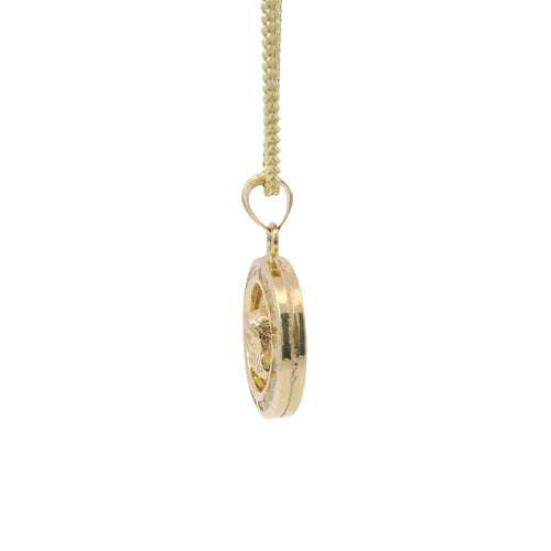14KT Gold Charm Small 3D Round Double Sided Tri Tone Graphic Line Background Virgin Mary / Jesus Coin with White CZ Stones Edge and Plain Bell